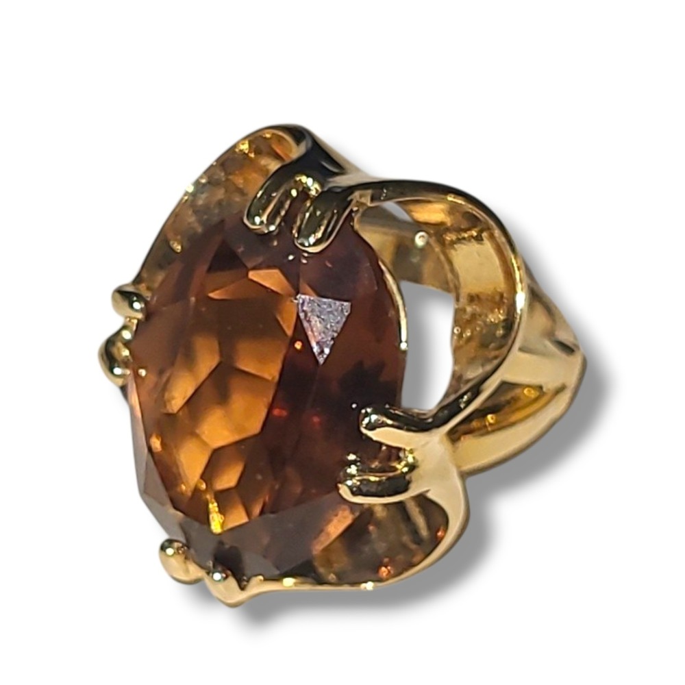 Vintage 18K HGE Topaz CZ Cocktail Ring Large Amber Brown Statement Size 4